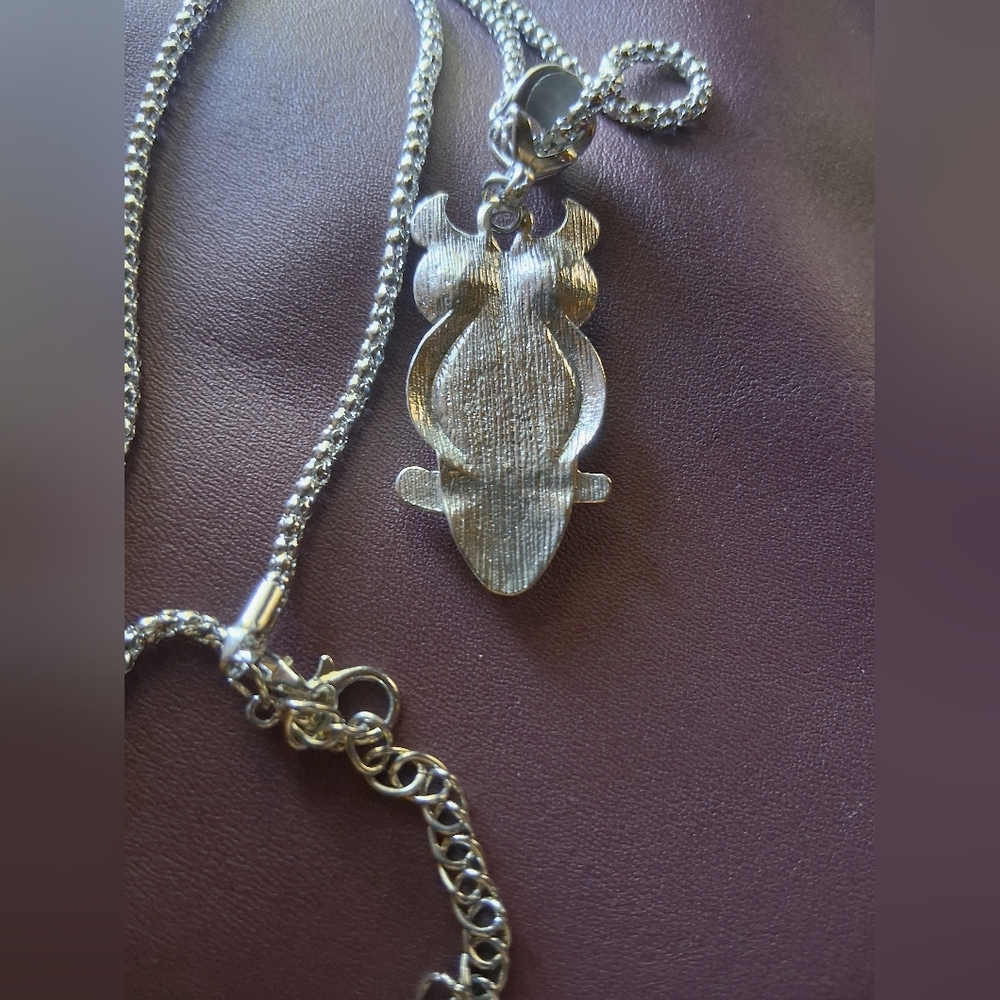 Silver Owl Pendant Necklace with Turquoise Accent - Picture 5 of 7